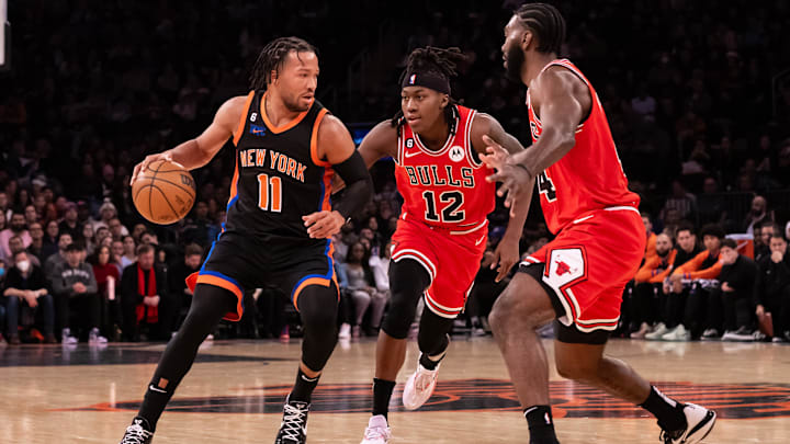 Dec 23, 2022; New York, New York, USA; New York Knicks guard Jalen Brunson (11) attempts to get past Chicago Bulls guard Ayo Dosunmu (12) and forward Patrick Williams (44) during the third quarter at Madison Square Garden. Mandatory Credit: John Jones-Imagn Images Dec 23, 2022; New York, New York, USA; New York Knicks guard Jalen Brunson (11) attempts to get past Chicago Bulls guard Ayo Dosunmu (12) and forward Patrick Williams (44) during the third quarter at Madison Square Garden. Mandatory Credit: John Jones-Imagn Images