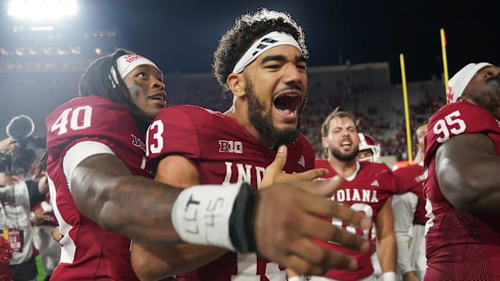 Indiana receiver Elijah Sarratt celebrates after beating Illinois 63-10 on Sept. 20, 2025, at Memorial Stadium. Indiana receiver Elijah Sarratt celebrates after beating Illinois 63-10 on Sept. 20, 2025, at Memorial Stadium.