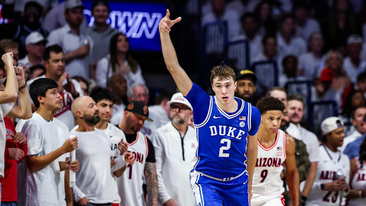 Nov 22, 2024; Tucson, Arizona, USA; Duke Blue Devils forward Cooper Flagg (2) celebrates a three pointer made during the second half against the Arizona Wildcat at McKale Center.