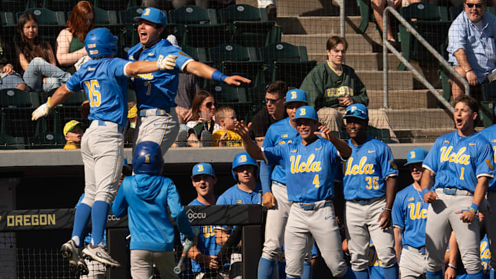 UCLA players celebrates as they break out the bats in the 7th inning to defeat the Oregon Ducks at PK Park in Eugene April 19, 2025