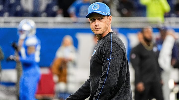 Detroit Lions offensive coordinator Ben Johnson watches warm up before Sunday's win over the Tennessee Titans.