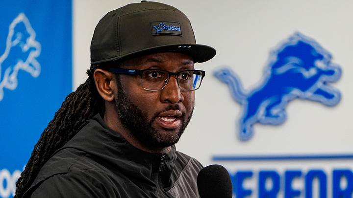 Detroit Lions defensive coordinator Kelvin Sheppard speaks before OTAs at Meijer Performance Center in Allen Park on Thursday, June 11, 2026.