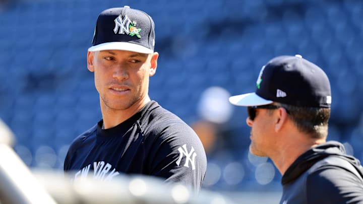 Feb 13, 2026; Tampa, FL, USA; New York Yankees right fielder Aaron Judge (99) and manager Aaron Boone (17) talk uring spring training practices at George M. Steinbrenner Field. Mandatory Credit: Kim Klement Neitzel-Imagn Images Feb 13, 2026; Tampa, FL, USA; New York Yankees right fielder Aaron Judge (99) and manager Aaron Boone (17) talk uring spring training practices at George M. Steinbrenner Field. Mandatory Credit: Kim Klement Neitzel-Imagn Images