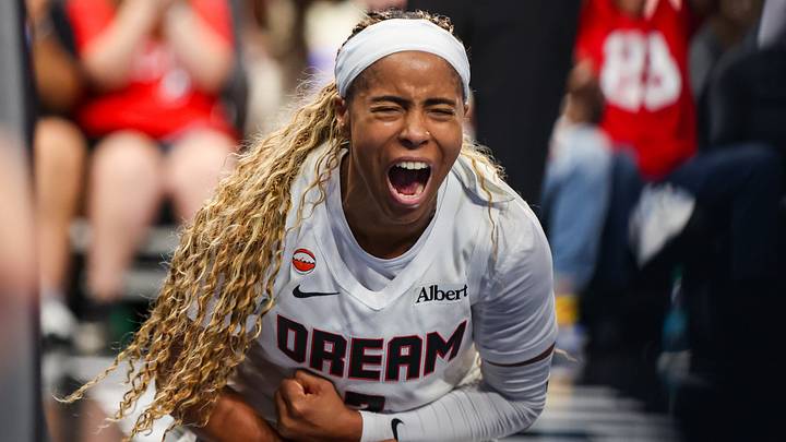 Oct 4, 2026; Atlanta, Georgia, USA; Atlanta Dream guard Jordin Canada (3) celebrates after a basket against the New York Liberty in the third quarter during game one of the second round for the 2026 WNBA Playoffs at State Farm Arena. Mandatory Credit: Brett Davis-Imagn Images Oct 4, 2026; Atlanta, Georgia, USA; Atlanta Dream guard Jordin Canada (3) celebrates after a basket against the New York Liberty in the third quarter during game one of the second round for the 2026 WNBA Playoffs at State Farm Arena. Mandatory Credit: Brett Davis-Imagn Images