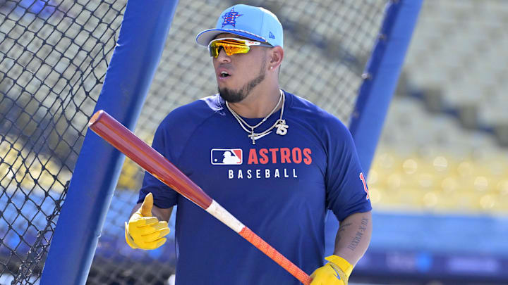 Jul 4, 2025; Los Angeles, California, USA;  Houston Astros third baseman Isaac Paredes (15) warms up prior to the game against the Los Angeles Dodgers at Dodger Stadium.