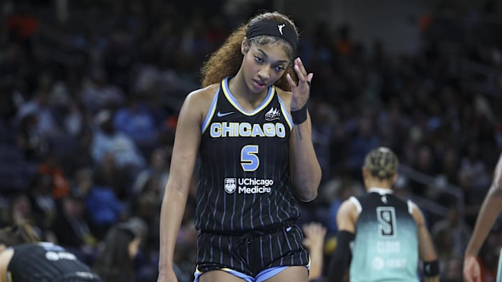 May 22, 2025; Chicago, Illinois, USA; Chicago Sky forward Angel Reese (5) reacts during the first half agaisnt the New York Liberty at Wintrust Arena. Mandatory Credit: Kamil Krzaczynski-Imagn Images