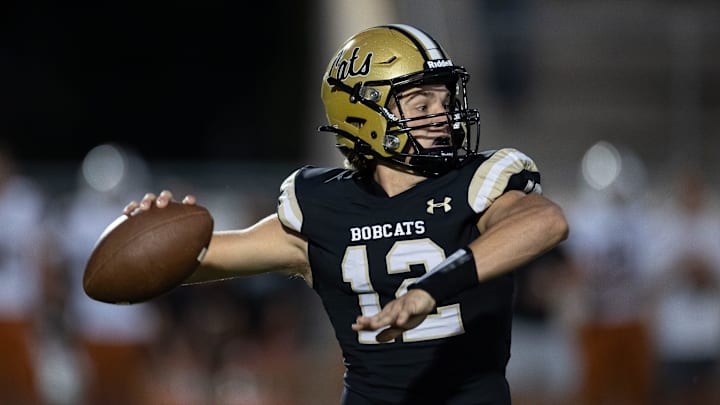 Buchholz Bobcats quarterback Trace Johnson (12) throws the ball against the Tocoi Creek Toros during the first half at Citizens Field in Gainesville, FL on Monday, October 14, 2024. [Matt Pendleton/Gainesville Sun]