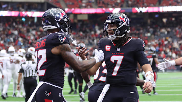 Dec 14, 2025; Houston, Texas, USA; Houston Texans wide receiver Nico Collins (12) and quarterback C.J. Stroud (7) celebrate a touchdown during the fourth quarter against the Arizona Cardinals at NRG Stadium. Mandatory Credit: Troy Taormina-Imagn Images Dec 14, 2025; Houston, Texas, USA; Houston Texans wide receiver Nico Collins (12) and quarterback C.J. Stroud (7) celebrate a touchdown during the fourth quarter against the Arizona Cardinals at NRG Stadium. Mandatory Credit: Troy Taormina-Imagn Images