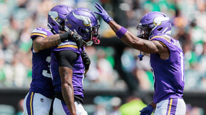 Aug 24, 2024; Philadelphia, Pennsylvania, USA; Minnesota Vikings wide receiver Trishton Jackson (8) celebrates with running back Myles Gaskin (37) and wide receiver Trent Sherfield Sr. (11) after scoring a touchdown against the Philadelphia Eagles during the first quarter at Lincoln Financial Field. Aug 24, 2024; Philadelphia, Pennsylvania, USA; Minnesota Vikings wide receiver Trishton Jackson (8) celebrates with running back Myles Gaskin (37) and wide receiver Trent Sherfield Sr. (11) after scoring a touchdown against the Philadelphia Eagles during the first quarter at Lincoln Financial Field.