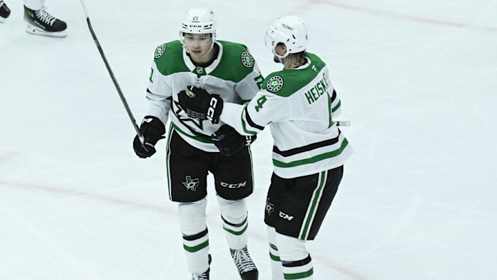 Dallas Stars left wing Jason Robertson and defenseman Miro Heiskanen