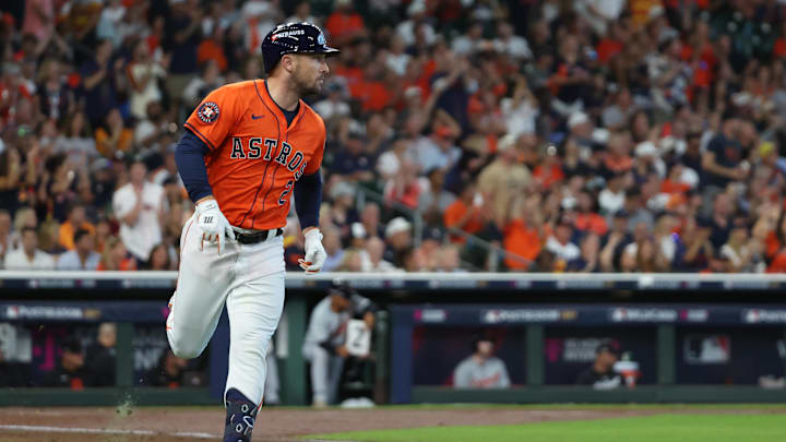 Oct 2, 2024; Houston, Texas, USA; Houston Astros third base Alex Bregman (2) runs after hitting a single against the Detroit Tigers during the second inning of game two of the Wildcard round for the 2024 MLB Playoffs at Minute Maid Park. Mandatory Credit: Thomas Shea-Imagn Images Oct 2, 2024; Houston, Texas, USA; Houston Astros third base Alex Bregman (2) runs after hitting a single against the Detroit Tigers during the second inning of game two of the Wildcard round for the 2024 MLB Playoffs at Minute Maid Park. Mandatory Credit: Thomas Shea-Imagn Images