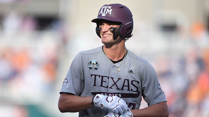 Texas A&M's Jace LaViolette (17) smiles during game three of the NCAA College World Series finals between Tennessee and Texas A&M at Charles Schwab Field in Omaha, Neb., on Monday, June 24, 2024. Texas A&M's Jace LaViolette (17) smiles during game three of the NCAA College World Series finals between Tennessee and Texas A&M at Charles Schwab Field in Omaha, Neb., on Monday, June 24, 2024.