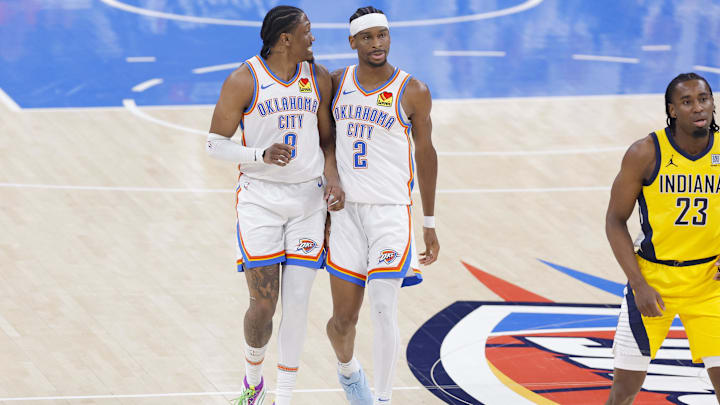 Jun 16, 2025; Oklahoma City, Oklahoma, USA; Oklahoma City Thunder forward Jalen Williams (8) and guard Shai Gilgeous-Alexander (2) walk back up the court in the first quarter against the Indiana Pacers during game five of the 2025 NBA Finals at Paycom Center. Mandatory Credit: Alonzo Adams-Imagn Images Jun 16, 2025; Oklahoma City, Oklahoma, USA; Oklahoma City Thunder forward Jalen Williams (8) and guard Shai Gilgeous-Alexander (2) walk back up the court in the first quarter against the Indiana Pacers during game five of the 2025 NBA Finals at Paycom Center. Mandatory Credit: Alonzo Adams-Imagn Images