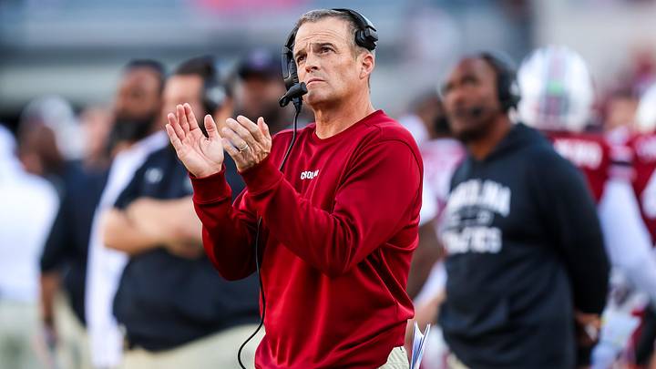 Oct 25, 2025; Columbia, South Carolina, USA; South Carolina Gamecocks head coach Shane Beamer reacts to a play against the Alabama Crimson Tide in the second quarter at Williams-Brice Stadium. Mandatory Credit: Jeff Blake-Imagn Images