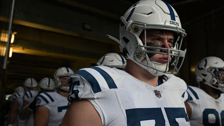 Sep 24, 2023; Baltimore, Maryland, USA; Indianapolis Colts guard Will Fries (75) stands with teammates before the game against the Baltimore Ravens at M&T Bank Stadium.