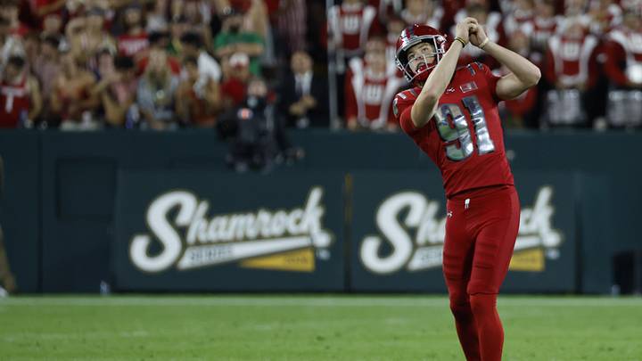 Sep 6, 2026; Green Bay, Wisconsin, USA;  Wisconsin Badgers punter Sean West (91) reacts after a punt in the first half at Lambeau Field.  Mandatory Credit: Michael Caterina-Imagn Images