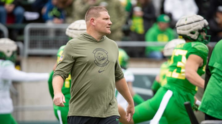 Oregon defensive coordinator Tosh Lupoi walks the field during the Oregon Ducks’ Spring Game on Saturday, April 27. 2024 at Autzen Stadium in Eugene, Ore.