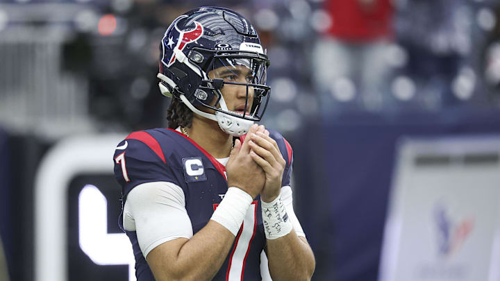 Jan 13, 2024; Houston, Texas, USA; Houston Texans quarterback C.J. Stroud (7) before a 2024 AFC wild