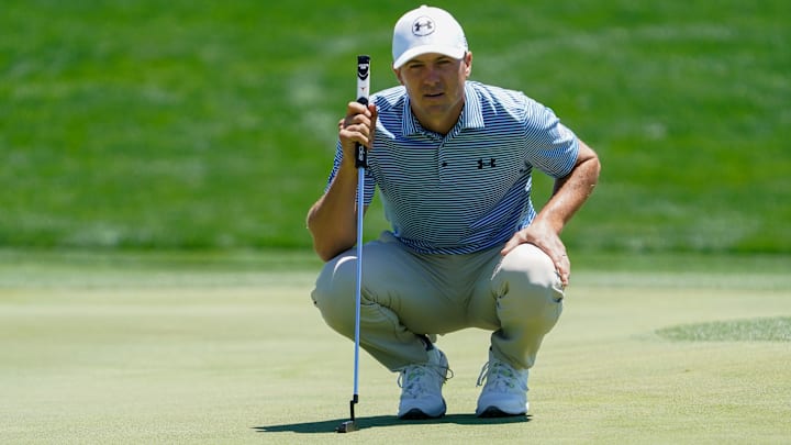 May 3, 2025; McKinney, Texas, USA; Jordan Spieth lines up a putt on the tenth green during the third round of the THE CJ CUP Byron Nelson golf tournament. Mandatory Credit: Raymond Carlin III-Imagn Images