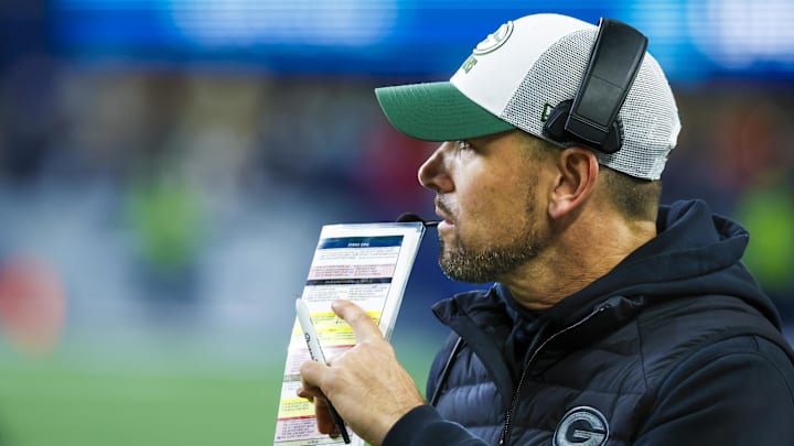 Dec 15, 2024; Seattle, Washington, USA; Green Bay Packers head coach Matt LaFleur stands on the sideline during the fourth quarter at Lumen Field. Mandatory Credit: Joe Nicholson-Imagn Images