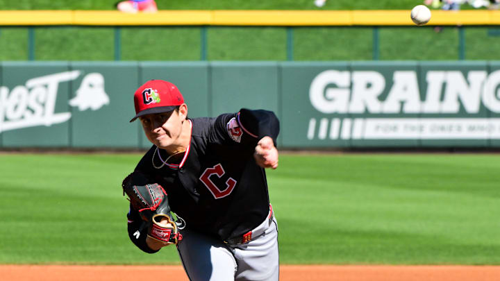 Feb 27, 2026: Cleveland Guardians pitcher Logan Allen (26) throws in the first inning against the Chicago Cubs at Sloan Park. Feb 27, 2026: Cleveland Guardians pitcher Logan Allen (26) throws in the first inning against the Chicago Cubs at Sloan Park.