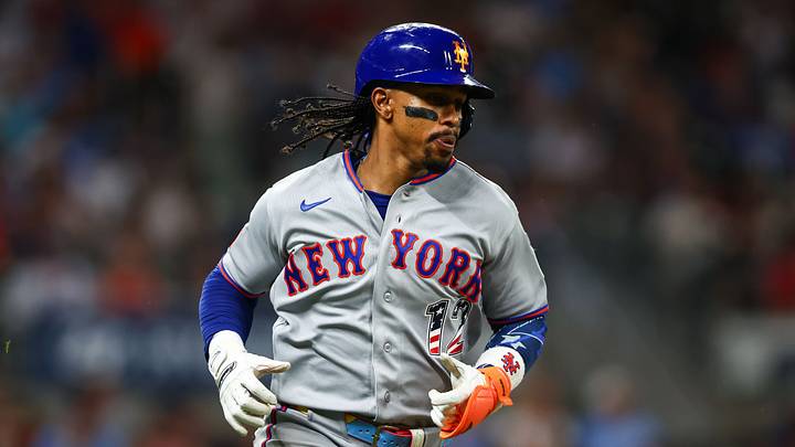Jul 4, 2026; Cumberland, Georgia, USA; New York Mets shortstop Francisco Lindor (12) runs to first after hitting a single against the Atlanta Braves in the fifth inning at Truist Park. Mandatory Credit: Colin Hubbard-Imagn Images Jul 4, 2026; Cumberland, Georgia, USA; New York Mets shortstop Francisco Lindor (12) runs to first after hitting a single against the Atlanta Braves in the fifth inning at Truist Park. Mandatory Credit: Colin Hubbard-Imagn Images