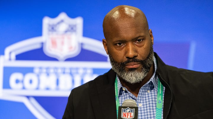 Feb 27, 2024; Indianapolis, IN, USA; Detroit Lions Executive Vice President and General Manager  Brad Holmes talks to the media at the 2024 NFL Combine at Indiana Convention Center. Mandatory Credit: Trevor Ruszkowski-Imagn Images