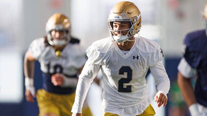 Notre Dame cornerback Leonard Moore (2) during a Notre Dame football spring practice at Irish Athletic Center on Wednesday, March 19, 2025, in South Bend.