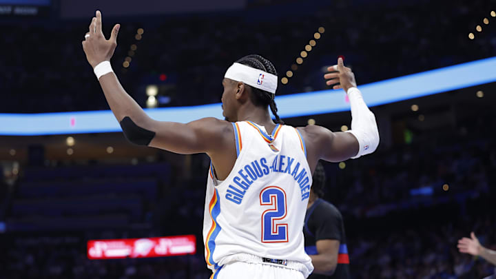 Mar 30, 2026; Oklahoma City, Oklahoma, USA; Oklahoma City Thunder guard Shai Gilgeous-Alexander (2) gestures during the second half against the Detroit Pistons at Paycom Center. Mandatory Credit: Alonzo Adams-Imagn Images