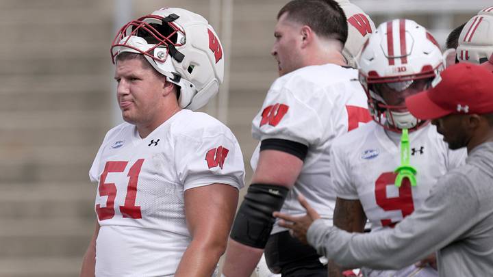 Wisconsin offensive lineman Austin Kawecki (51) is shown during football practice Thursday, August 6, 2026 at Camp Randall Stadium in Madison, Wisconsin. Wisconsin offensive lineman Austin Kawecki (51) is shown during football practice Thursday, August 6, 2026 at Camp Randall Stadium in Madison, Wisconsin.