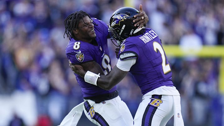 Nov 5, 2023; Baltimore, Maryland, USA; Baltimore Ravens quarterback Tyler Huntley (2) celebrates his touchdown against the Seattle Seahawks with Baltimore Ravens quarterback Lamar Jackson (8) during the fourth quarter at M&T Bank Stadium. Mandatory Credit: Jessica Rapfogel-Imagn Images Nov 5, 2023; Baltimore, Maryland, USA; Baltimore Ravens quarterback Tyler Huntley (2) celebrates his touchdown against the Seattle Seahawks with Baltimore Ravens quarterback Lamar Jackson (8) during the fourth quarter at M&T Bank Stadium. Mandatory Credit: Jessica Rapfogel-Imagn Images