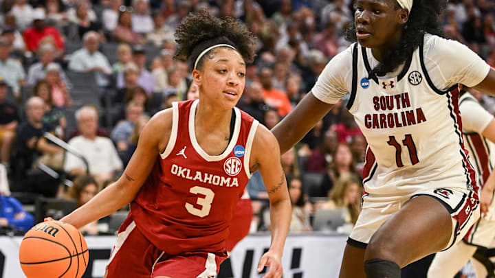 Mar 28, 2026; Sacramento, CA, USA; Oklahoma Sooners guard Zya Vann (3) drives to the basket against South Carolina Gamecocks center Madina Okot (11) in the Sweet Sixteen game of the Sacramento Regional 4 of the women's 2026 NCAA Tournament at Golden 1 Center. Mandatory Credit: Ed Szczepanski-Imagn Images