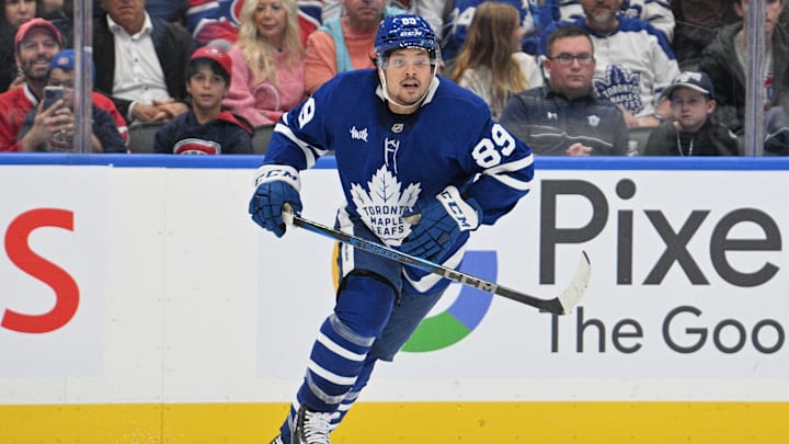 Sep 26, 2024; Toronto, Ontario, CAN;  Toronto Maple Leafs forward Nick Robertson (89) pursues the play against the Montreal Canadiens in the third period at Scotiabank Arena. Mandatory Credit: Dan Hamilton-Imagn Images