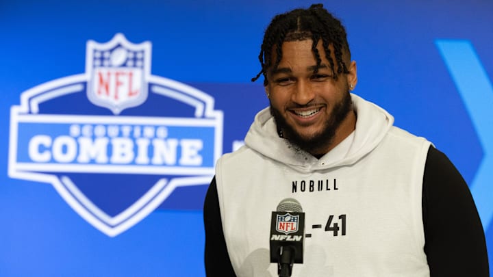 Western Michigan defensive lineman Marshawn Kneeland talks to the media at the 2024 NFL Combine.