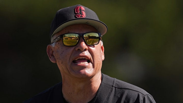Mar 1, 2025; Stanford, CA, USA; Stanford Cardinal manager David Esquer before the game against the Xavier Musketeers at Sunken Diamond. Mandatory Credit: Darren Yamashita-Imagn Images