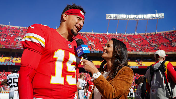 Oct 19, 2025; Kansas City, Missouri, USA; Kansas City Chiefs quarterback Patrick Mahomes (15) speaks with CBS Sports sideline reporter Tracy Wolfson after the game against the Las Vegas Raiders at GEHA Field at Arrowhead Stadium. Mandatory Credit: Denny Medley-Imagn Images
