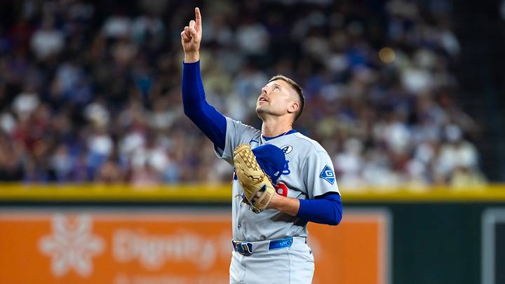 Jun 2, 2026; Phoenix, Arizona, USA; Los Angeles Dodgers pitcher Blake Treinen reacts against the Arizona Diamondbacks at Chase Field. Mandatory Credit: Mark J. Rebilas-Imagn Images Jun 2, 2026; Phoenix, Arizona, USA; Los Angeles Dodgers pitcher Blake Treinen reacts against the Arizona Diamondbacks at Chase Field. Mandatory Credit: Mark J. Rebilas-Imagn Images