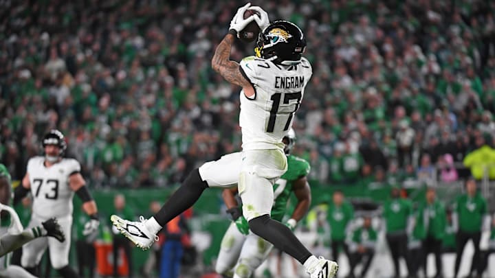 Nov 3, 2024; Philadelphia, Pennsylvania, USA; Jacksonville Jaguars tight end Evan Engram (17) makes a catch against the Philadelphia Eagles at Lincoln Financial Field. 