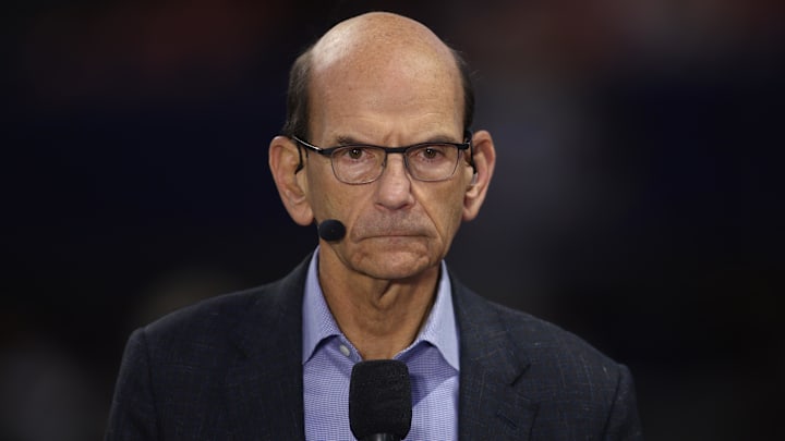 Dec 7, 2024; Atlanta, GA, USA; ESPN announcer Paul Finebaum before the 2024 SEC Championship game at Mercedes-Benz Stadium. Mandatory Credit: Brett Davis-Imagn Images
