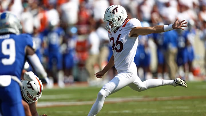 Sep 11, 2021; Blacksburg, Virginia, USA; Virginia Tech Hokies kicker John Parker Romo Sep 11, 2021; Blacksburg, Virginia, USA; Virginia Tech Hokies kicker John Parker Romo