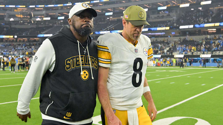 Nov 9, 2025; Inglewood, California, USA; Pittsburgh Steelers head coach Mike Tomlin and quarterback Aaron Rodgers (8) walk off the field after the game against the Los Angeles Chargers at SoFi Stadium. Mandatory Credit: Jayne Kamin-Oncea-Imagn Images Nov 9, 2025; Inglewood, California, USA; Pittsburgh Steelers head coach Mike Tomlin and quarterback Aaron Rodgers (8) walk off the field after the game against the Los Angeles Chargers at SoFi Stadium. Mandatory Credit: Jayne Kamin-Oncea-Imagn Images