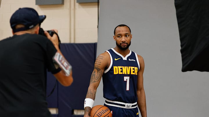 Sep 29, 2025; Denver, CO, USA; Denver Nuggets player Tamar Bates (7) poses for a picture during media day at Ball Arena. Mandatory Credit: Isaiah J. Downing-Imagn Images