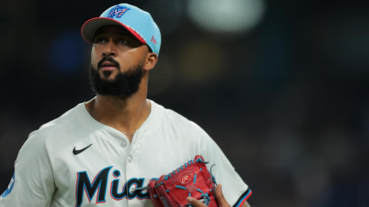 Jul 4, 2025; Miami, Florida, USA; Miami Marlins starting pitcher Sandy Alcantara (22) looks on against the Milwaukee Brewers during the first inning at loanDepot Park. Mandatory Credit: Sam Navarro-Imagn Images Jul 4, 2025; Miami, Florida, USA; Miami Marlins starting pitcher Sandy Alcantara (22) looks on against the Milwaukee Brewers during the first inning at loanDepot Park. Mandatory Credit: Sam Navarro-Imagn Images