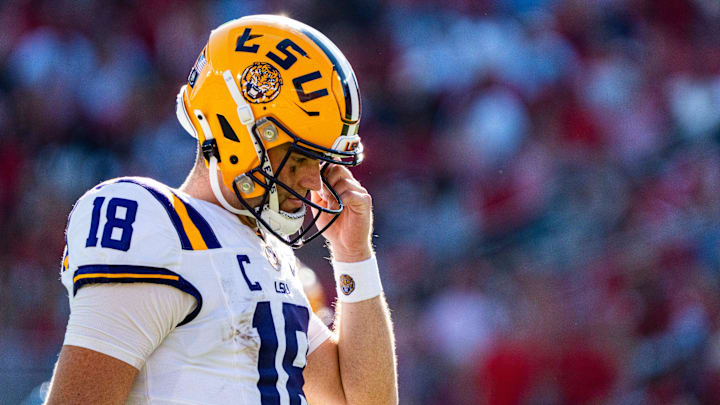 LSU quarterback Garrett Nussmeier (18) walks across the field during a college football game between Ole Miss and LSU at Vaught-Hemingway Stadium in Oxford, Miss., on Saturday, Sept. 27, 2025. Ole Miss defeated LSU 24-19.