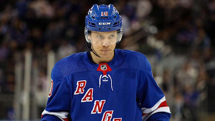 Apr 11, 2024; New York, New York, USA; New York Rangers left wing Artemi Panarin (10) awaits a