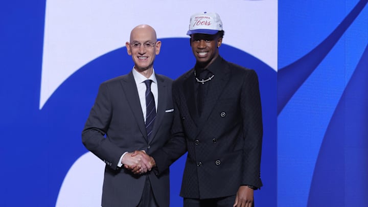 Jun 25, 2025; Brooklyn, NY, USA;  VJ Edgecombe stands with NBA commissioner Adam Silver after being selected as the third pick by the Philadelphia 76ers in the first round of the 2025 NBA Draft at Barclays Center. Mandatory Credit: Brad Penner-Imagn Images