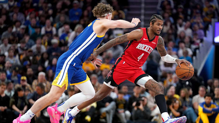 Apr 6, 2025; San Francisco, California, USA; Houston Rockets guard Jalen Green (4) dribbles next to Golden State Warriors guard Brandin Podziemski (2) in the fourth quarter at the Chase Center. Mandatory Credit: Cary Edmondson-Imagn Images Apr 6, 2025; San Francisco, California, USA; Houston Rockets guard Jalen Green (4) dribbles next to Golden State Warriors guard Brandin Podziemski (2) in the fourth quarter at the Chase Center. Mandatory Credit: Cary Edmondson-Imagn Images