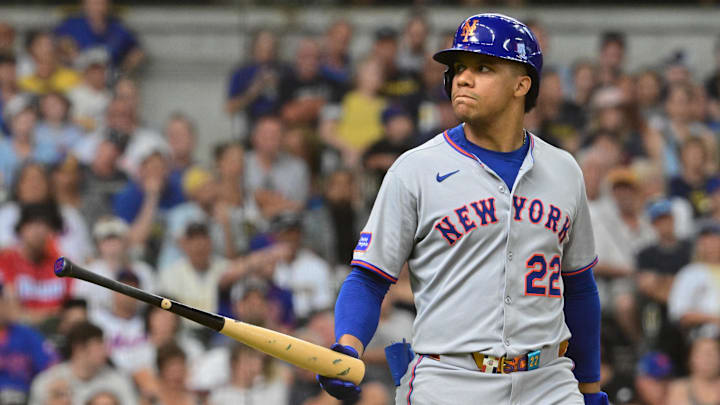 Aug 10, 2025; Milwaukee, Wisconsin, USA; New York Mets right fielder Juan Soto (22) draws a walk in the ninth inning against the Milwaukee Brewers at American Family Field. Mandatory Credit: Benny Sieu-Imagn Images