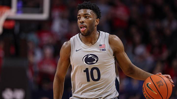 Penn State Nittany Lions forward Josh Reed (10) dribbles against the Rutgers Scarlet Knights during the first half at Jersey Mike's Arena.