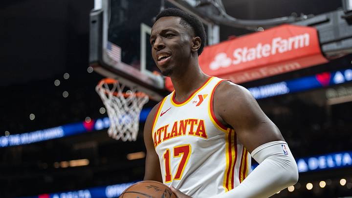 Oct 25, 2024; Atlanta, Georgia, USA; Atlanta Hawks forward Onyeka Okongwu (17) speaks with the referee in the game against the Charlotte Hornets during the first quarter at State Farm Arena. Mandatory Credit: Jordan Godfree-Imagn Images